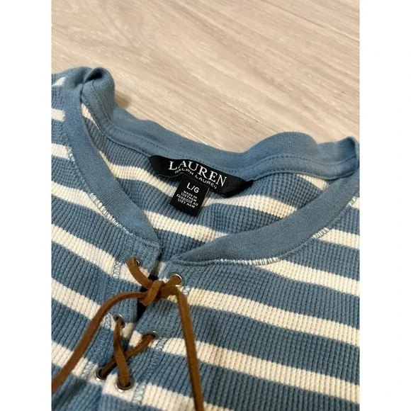 Lauren Ralph Lauren Women Top Striped Henley Long Sleeve Lace Up Blue White Sz L - Picture 3 of 14